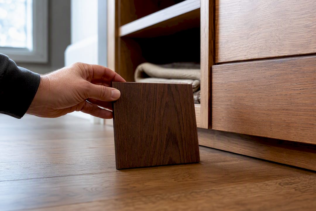Stain sample compared with room finishes