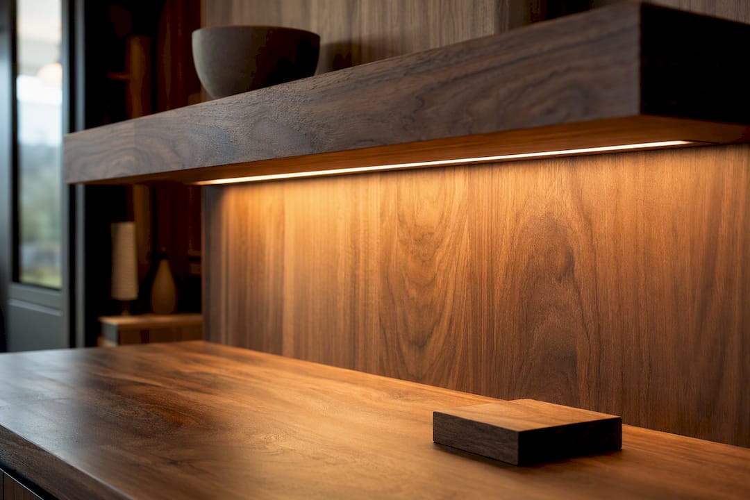 Soft LED wash across thick walnut shelf