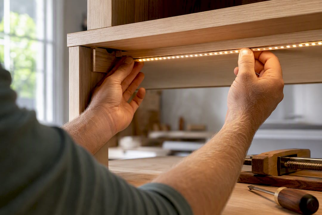 Carpenter testing LED strip before installation