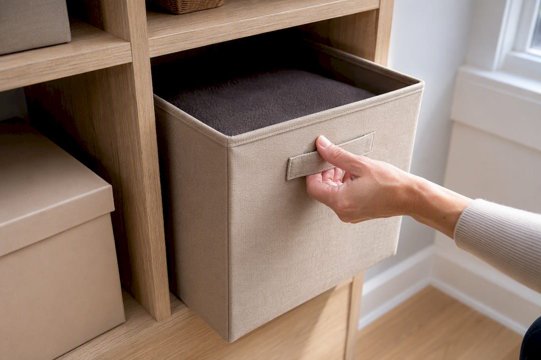 Storage bin fitting inside built-in cubby