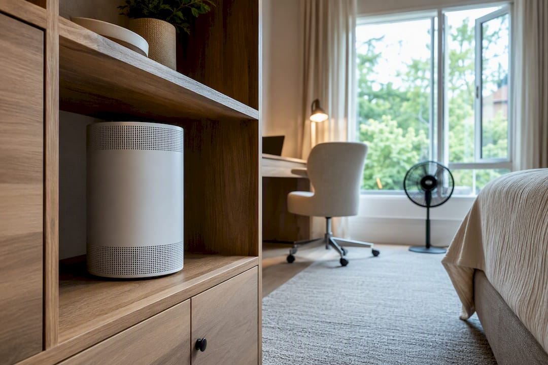 Air purifier tucked into guest room storage
