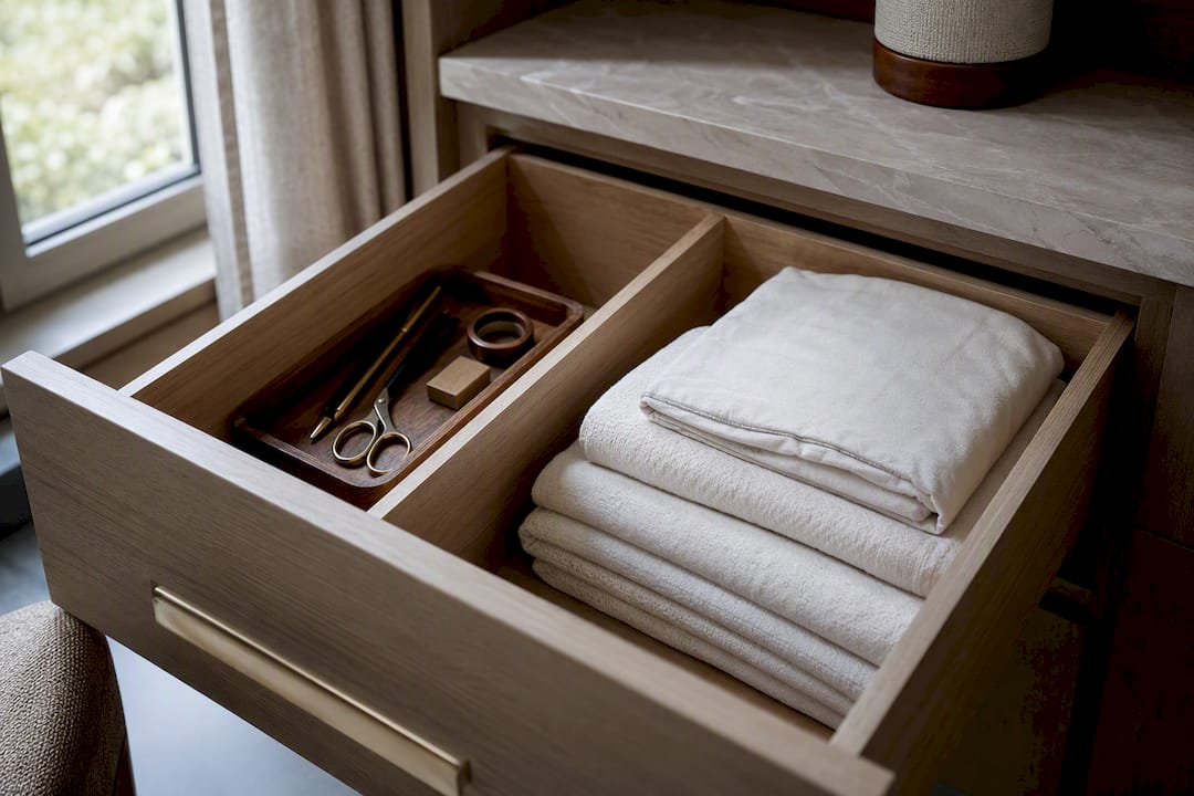 Divided drawer holding linens and office supplies