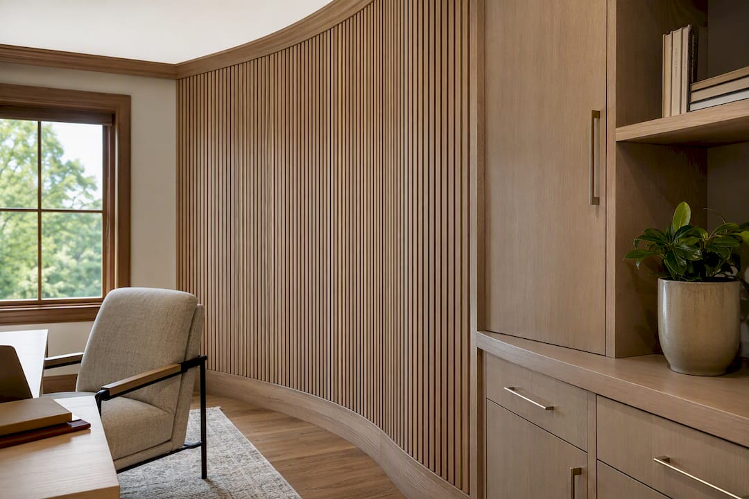 Custom curved slat wall around built-in storage