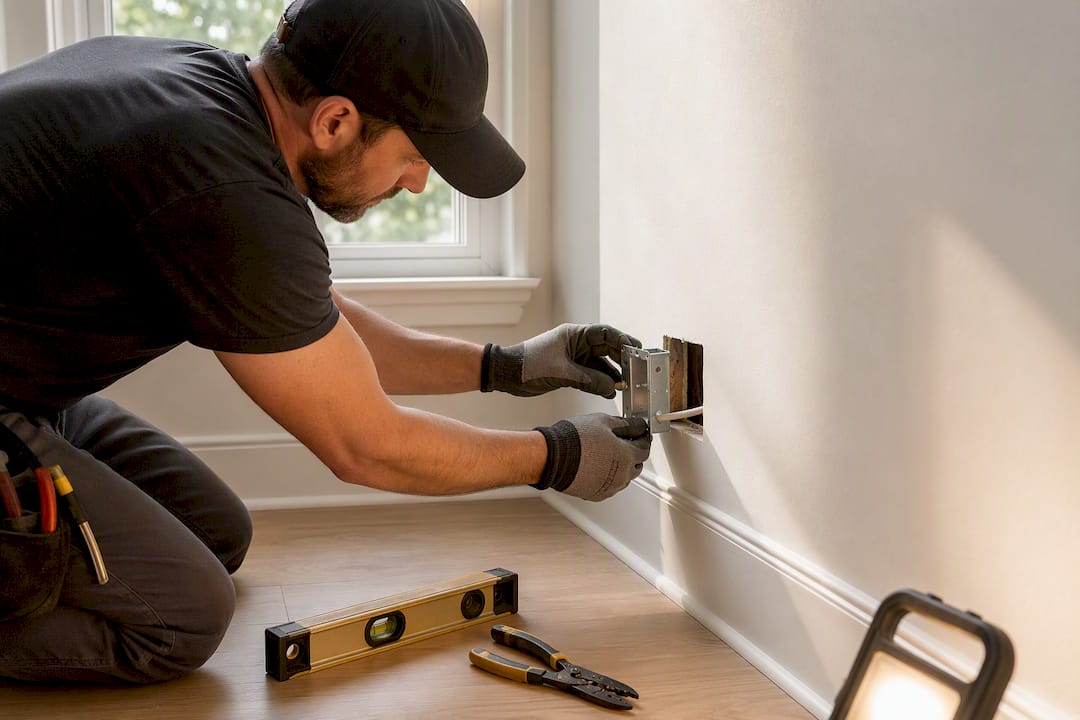 Electrician preparing outlet behind desk