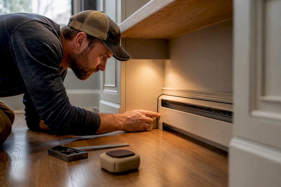 Notched toe-kick clearing baseboard heater