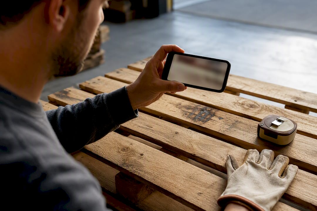 DIYer photographing a pallet treatment stamp
