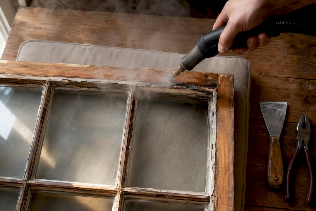 Steam softening putty on wooden window sash