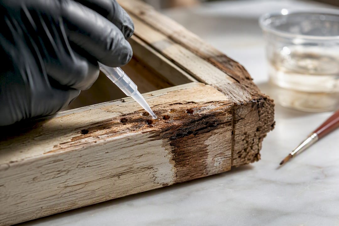 Epoxy consolidant applied to decayed sash wood