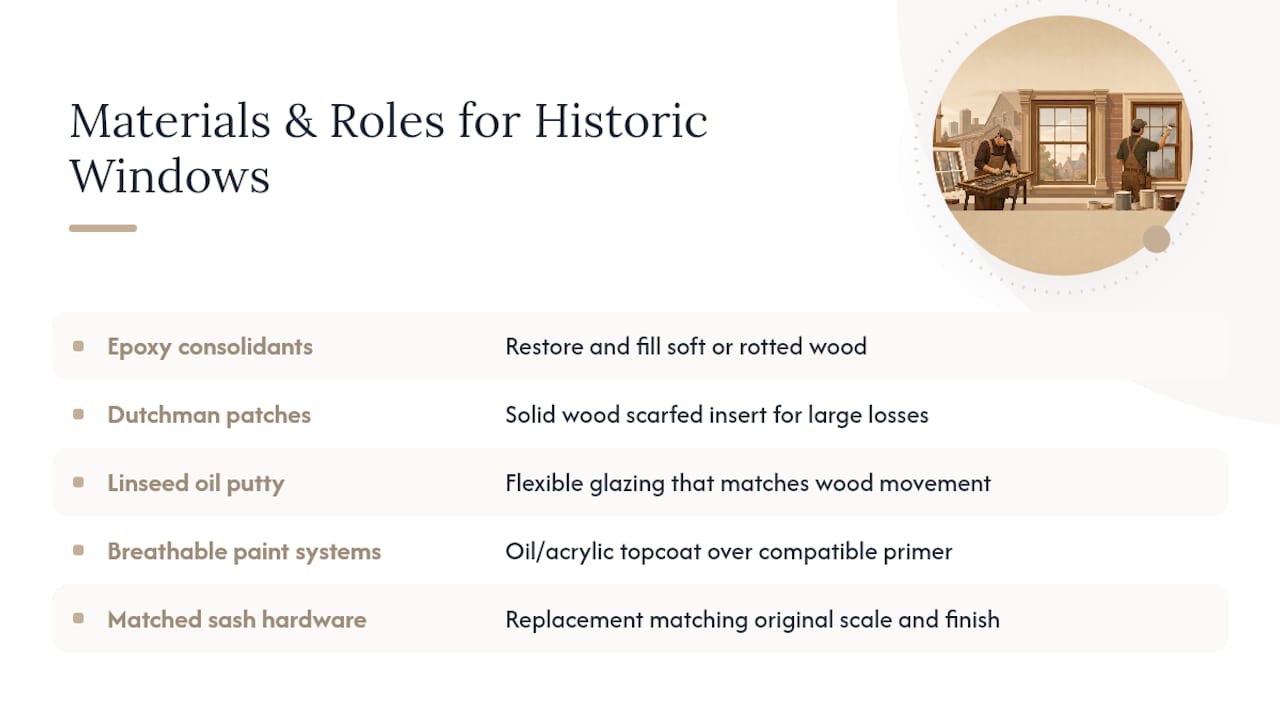 Historic window repair materials and their uses