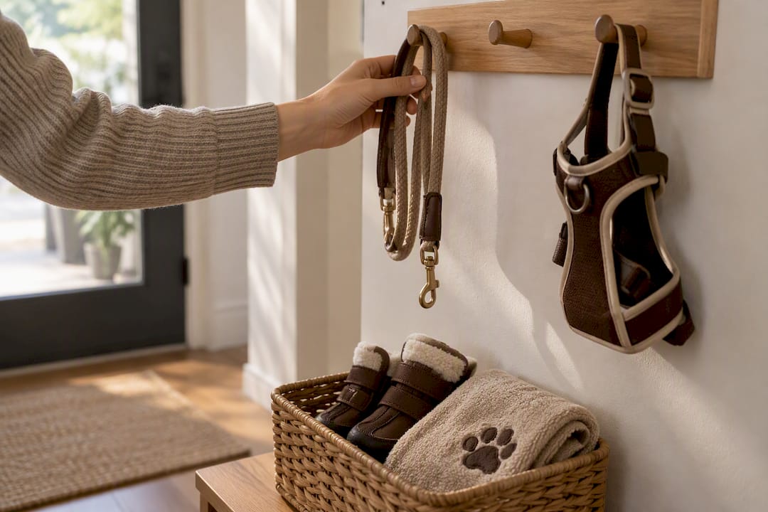 Leash hook and basket for entryway pet gear