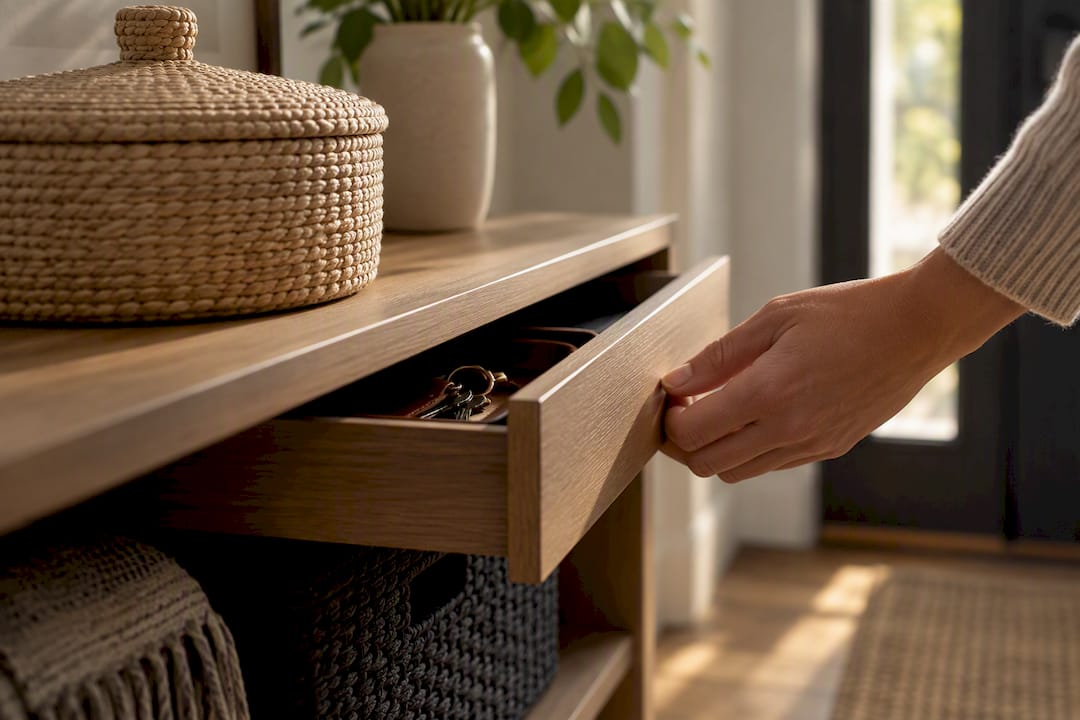 Closed drawer hiding keys in an entryway