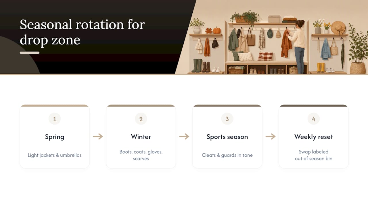 Seasonal rotation of entryway gear and storage bins