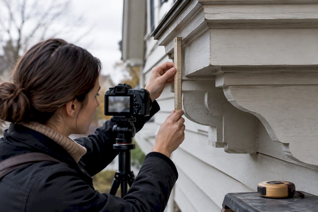 Hands measuring historic cornice profile