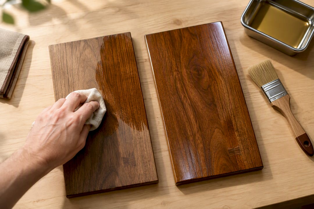 Contrasting finishes on wood sample boards