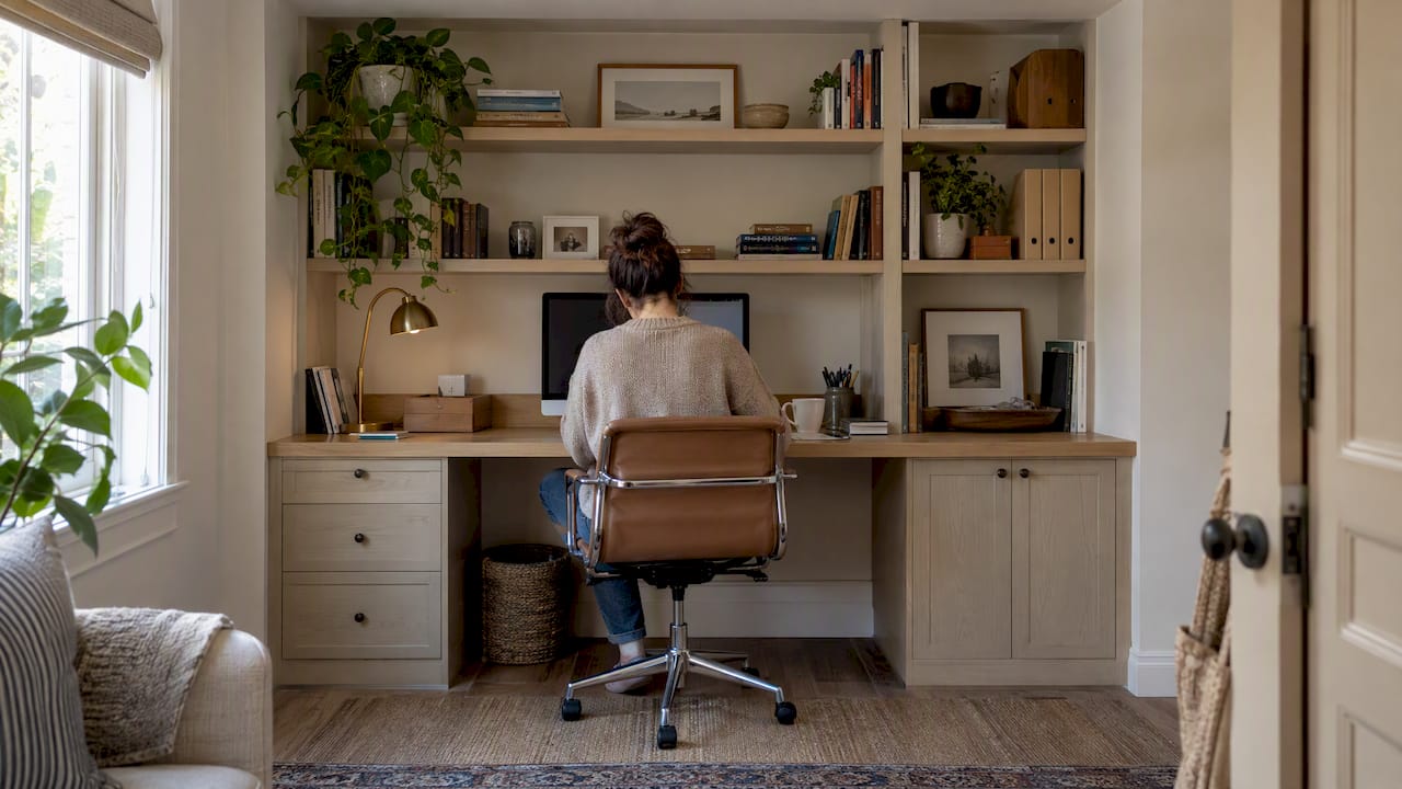 Custom built-in desk and storage alcove