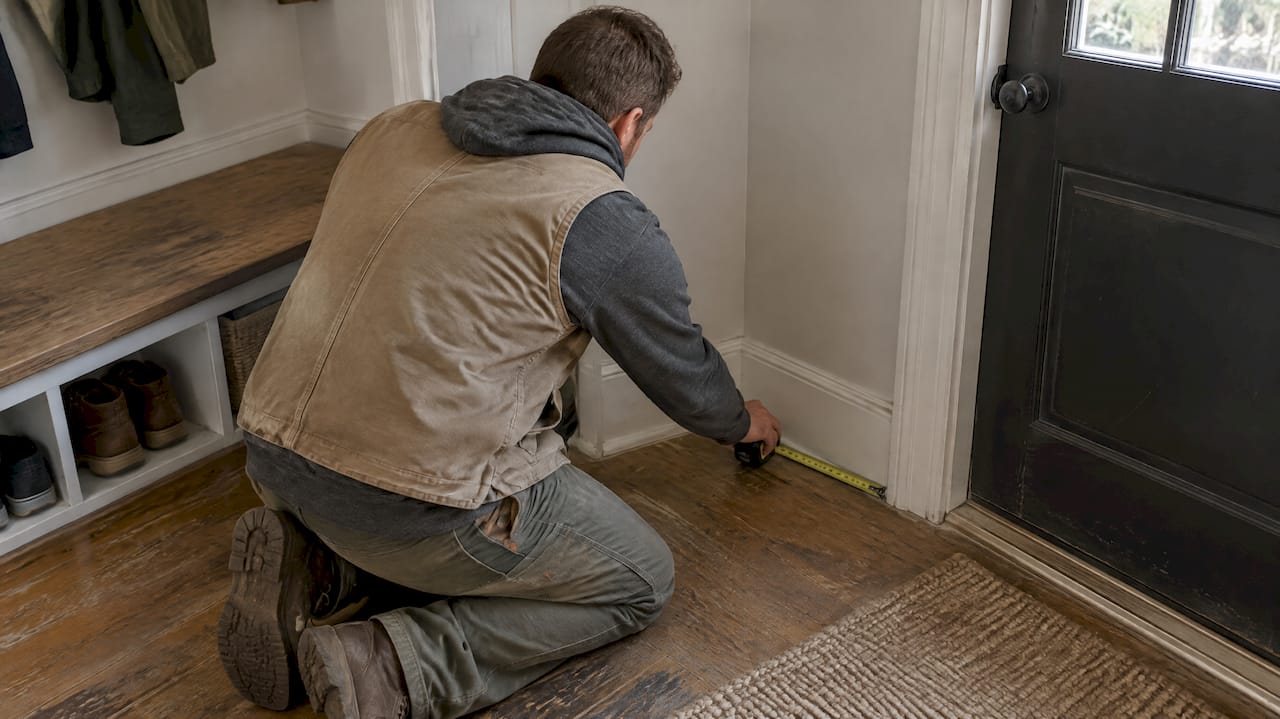 Carpenter checking existing mudroom trim and flooring