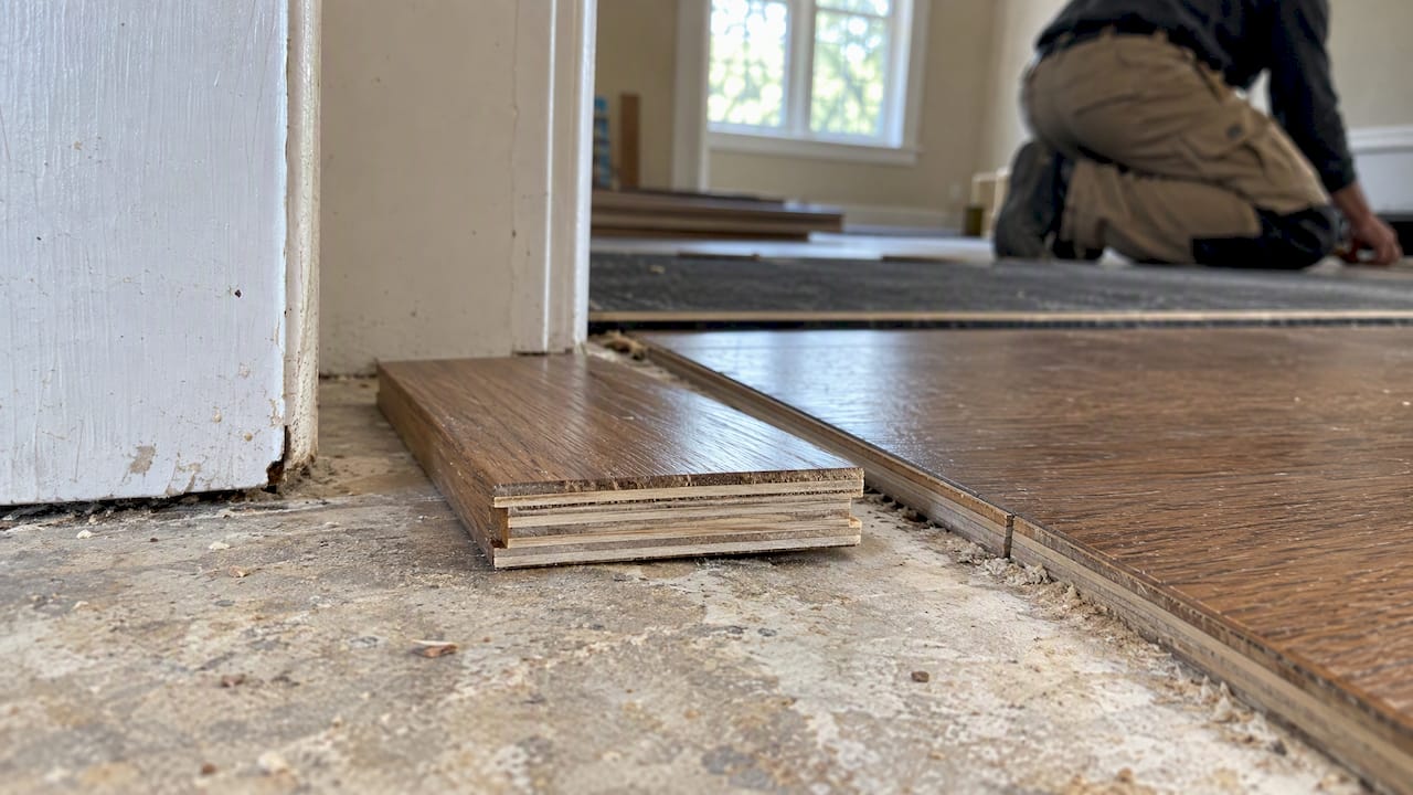 Engineered hardwood layers visible at plank edge