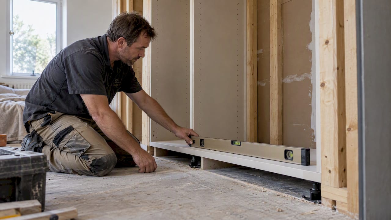 Carpenter levels a built-in wardrobe base cabinet
