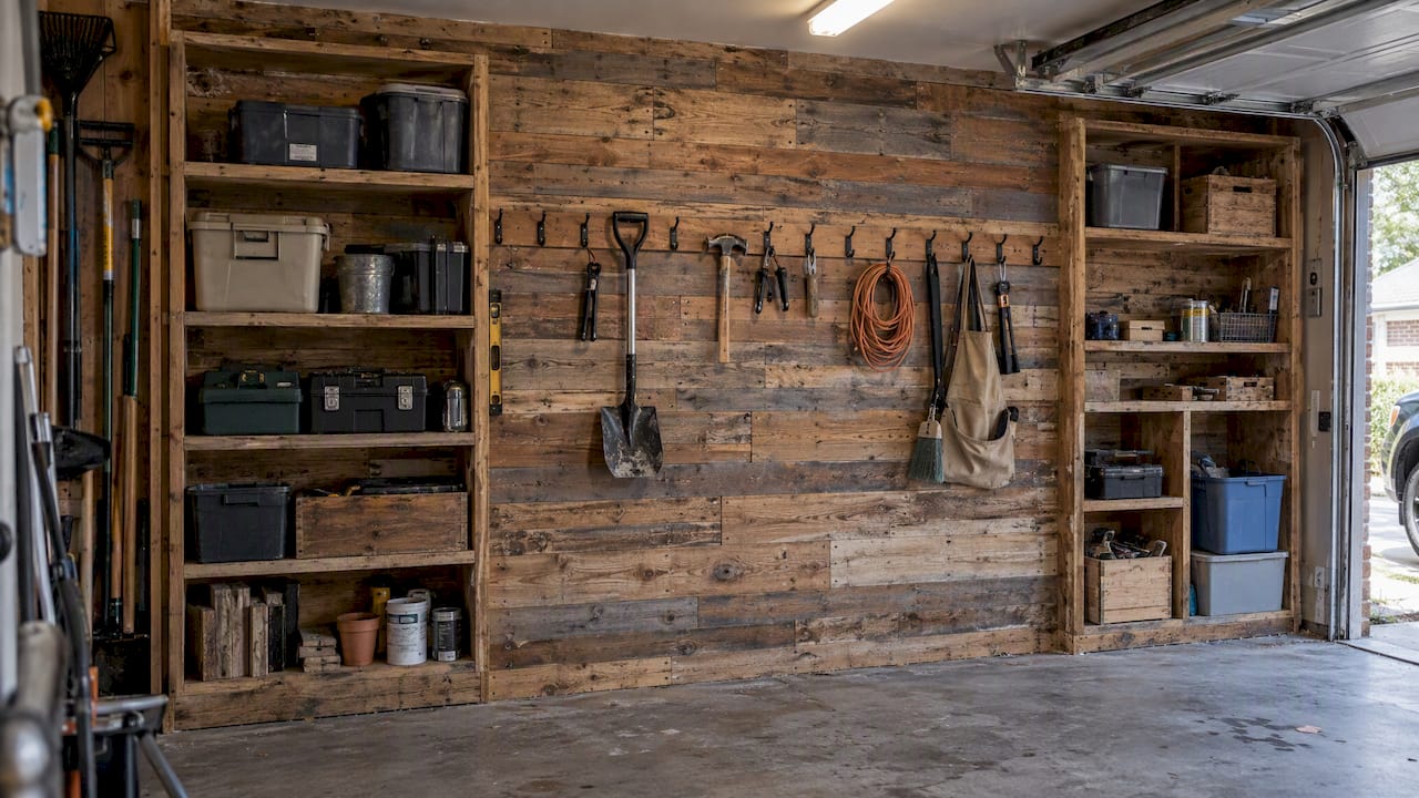 Reclaimed pallet wood garage wall with shelves and cubbies