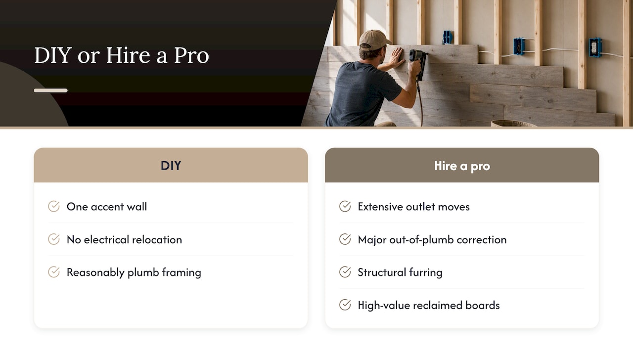 DIY and professional plank wall criteria compared