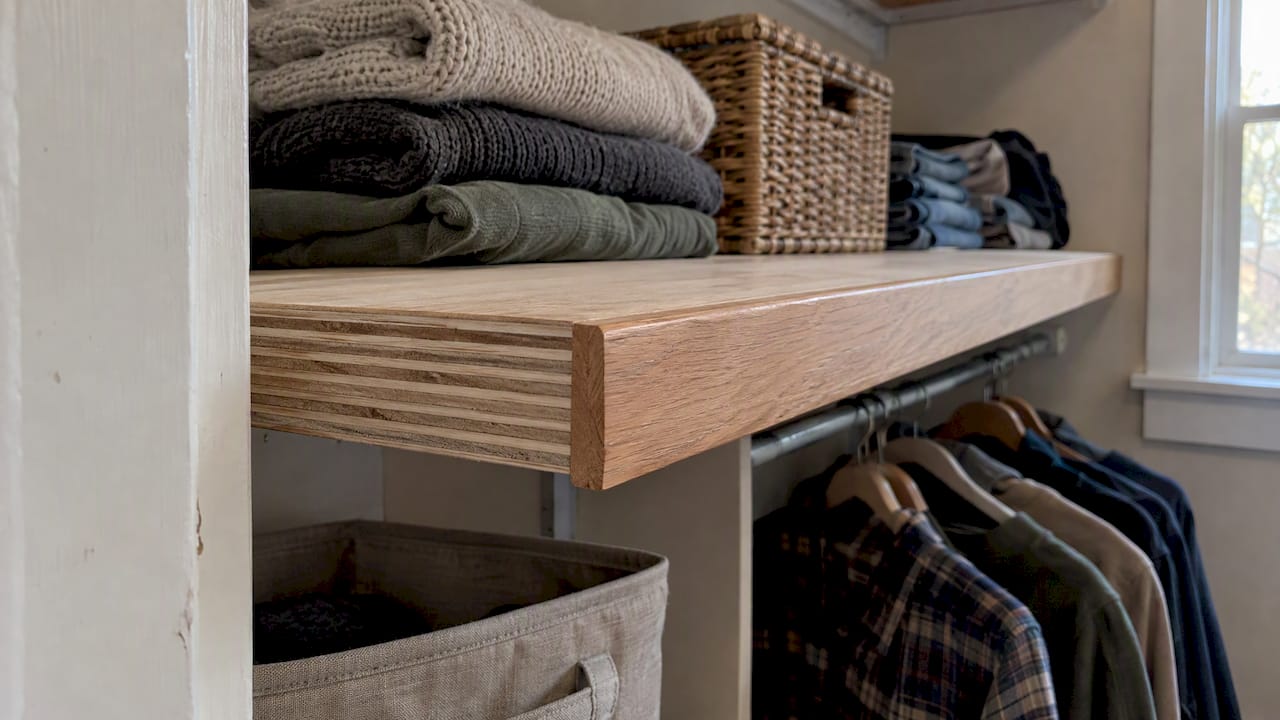 Plywood shelf with a solid hardwood front edge