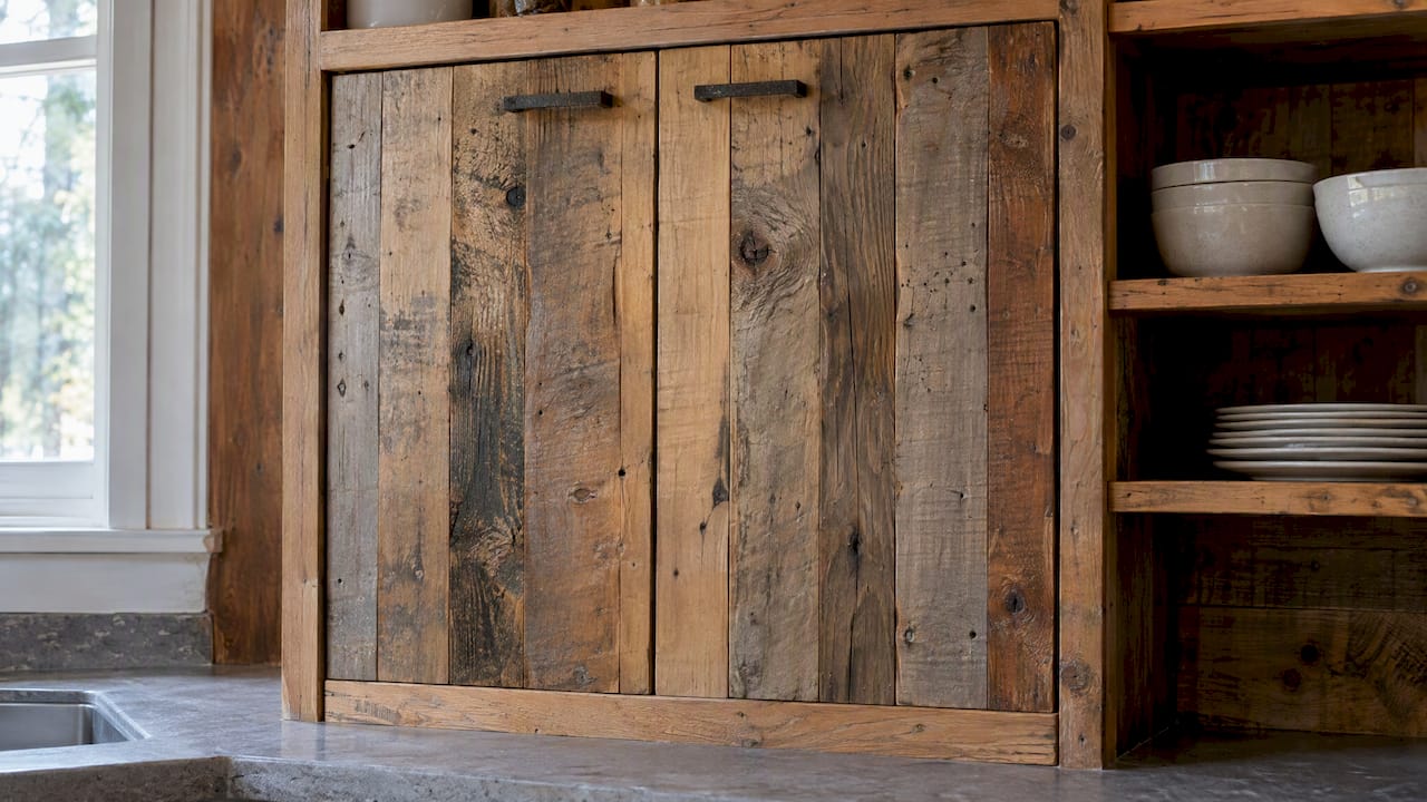 Appliance garage faced with reclaimed pallet boards