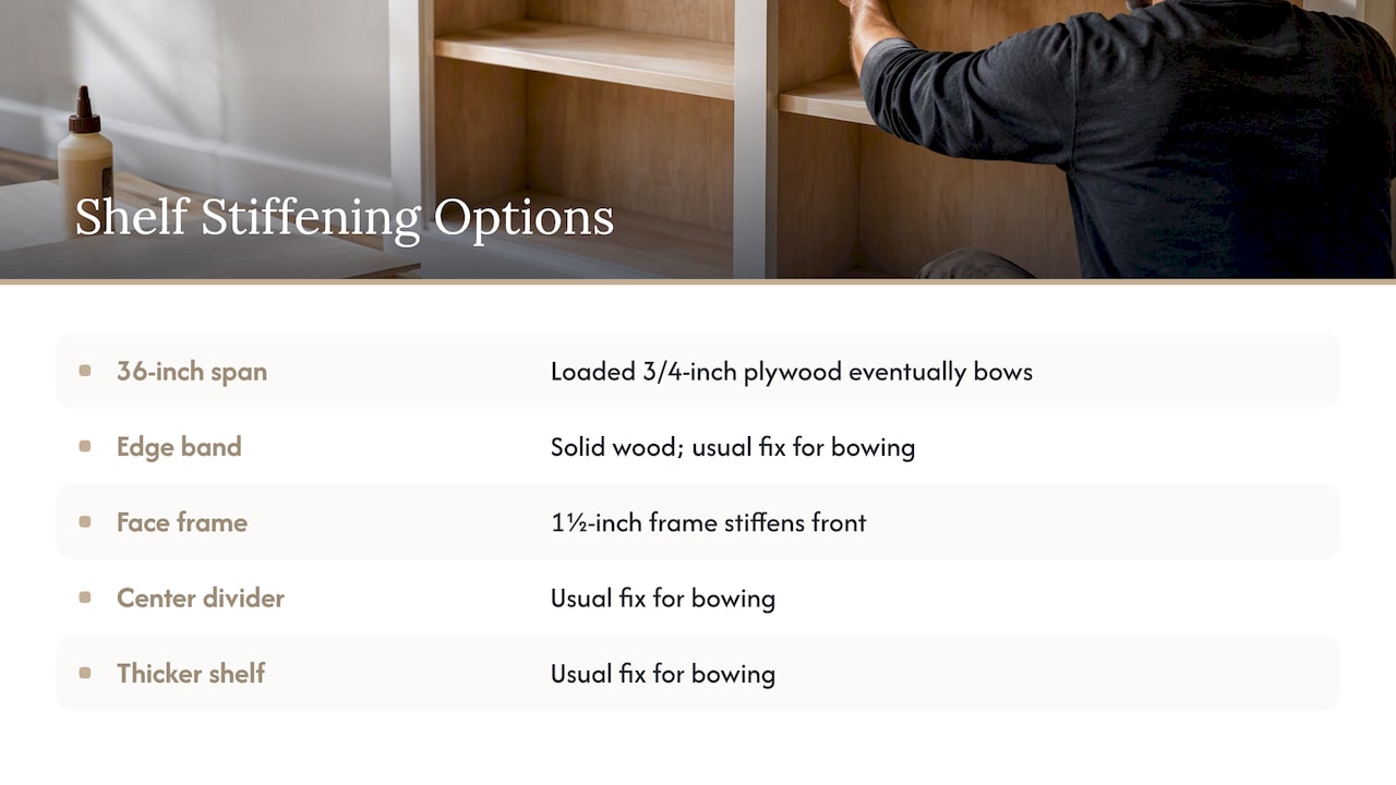 Three ways to stiffen a long bookshelf