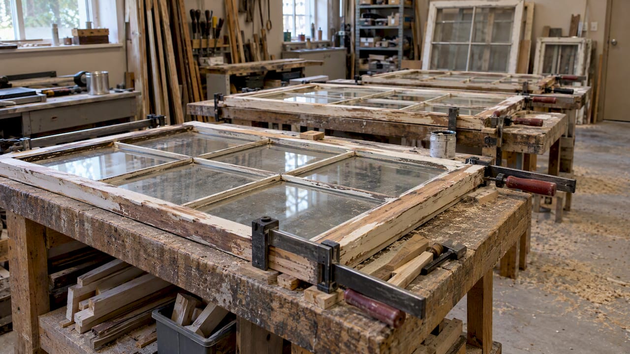 Wood window sashes grouped for shop restoration