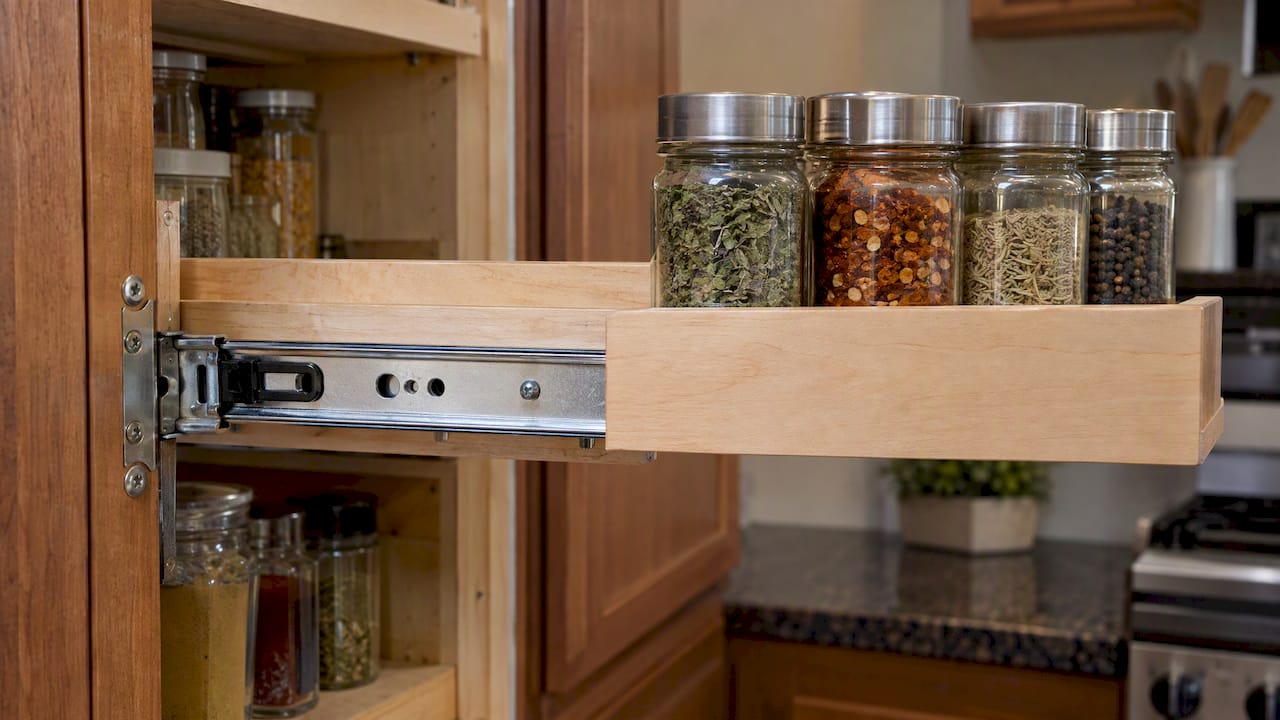 Pullout slide and shelf lip with jars