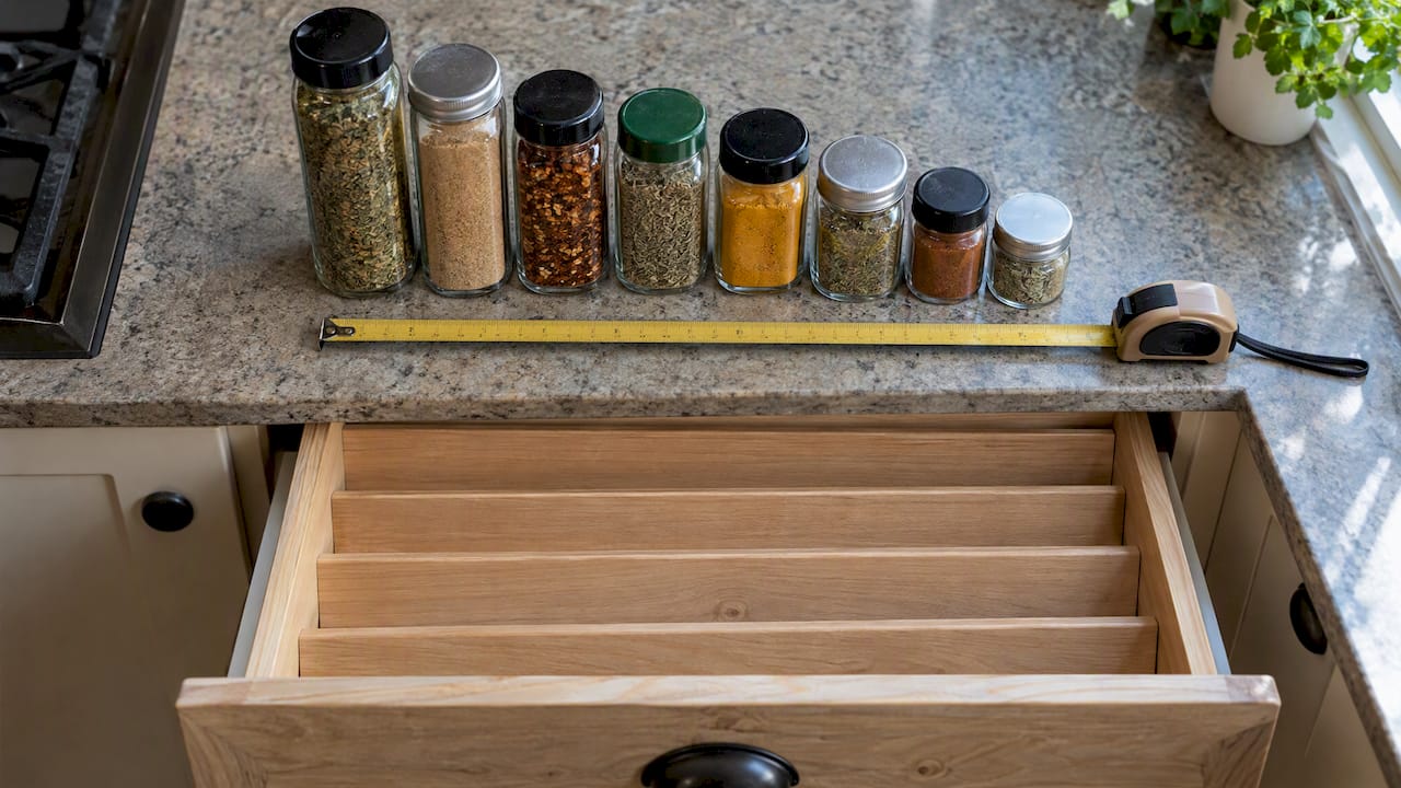 Spice jars beside an angled drawer insert