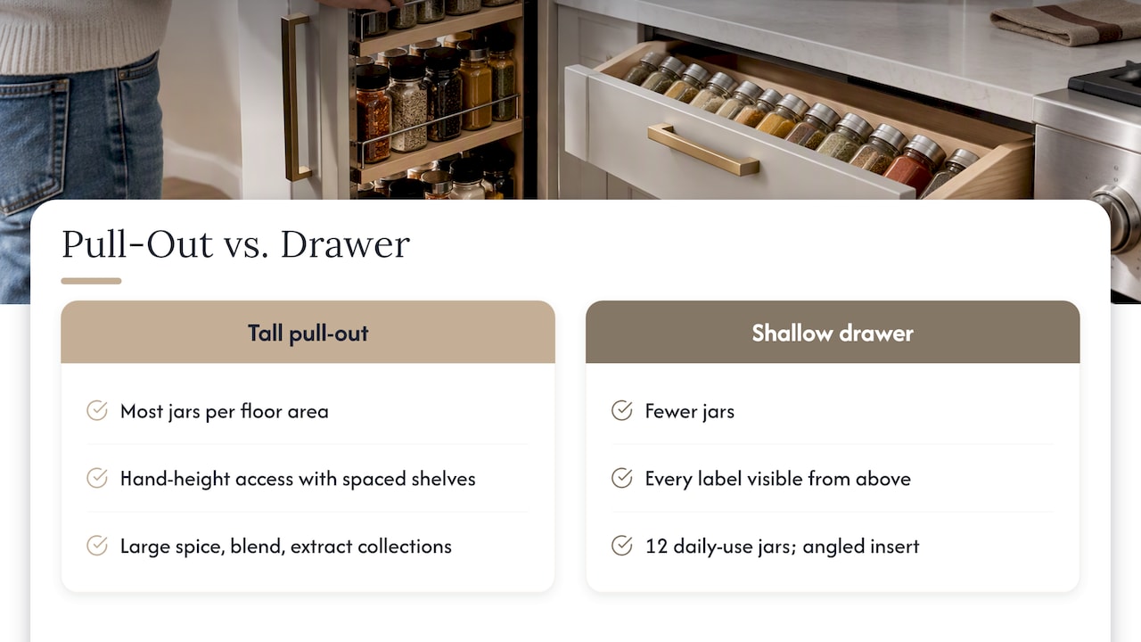 Tall pullout and shallow drawer comparison