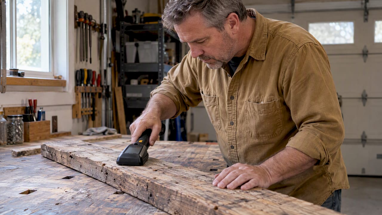 Woodworker scanning salvaged plank for metal