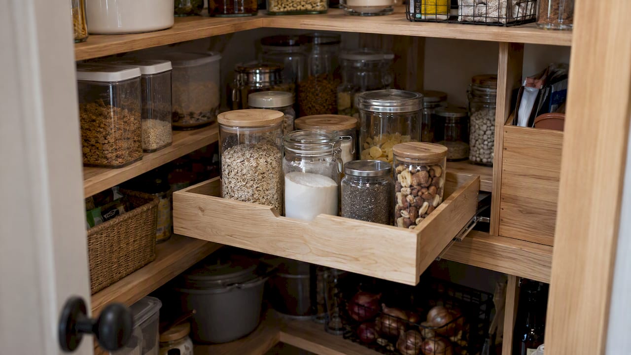 Pulled-out pantry tray reveals jars at the back