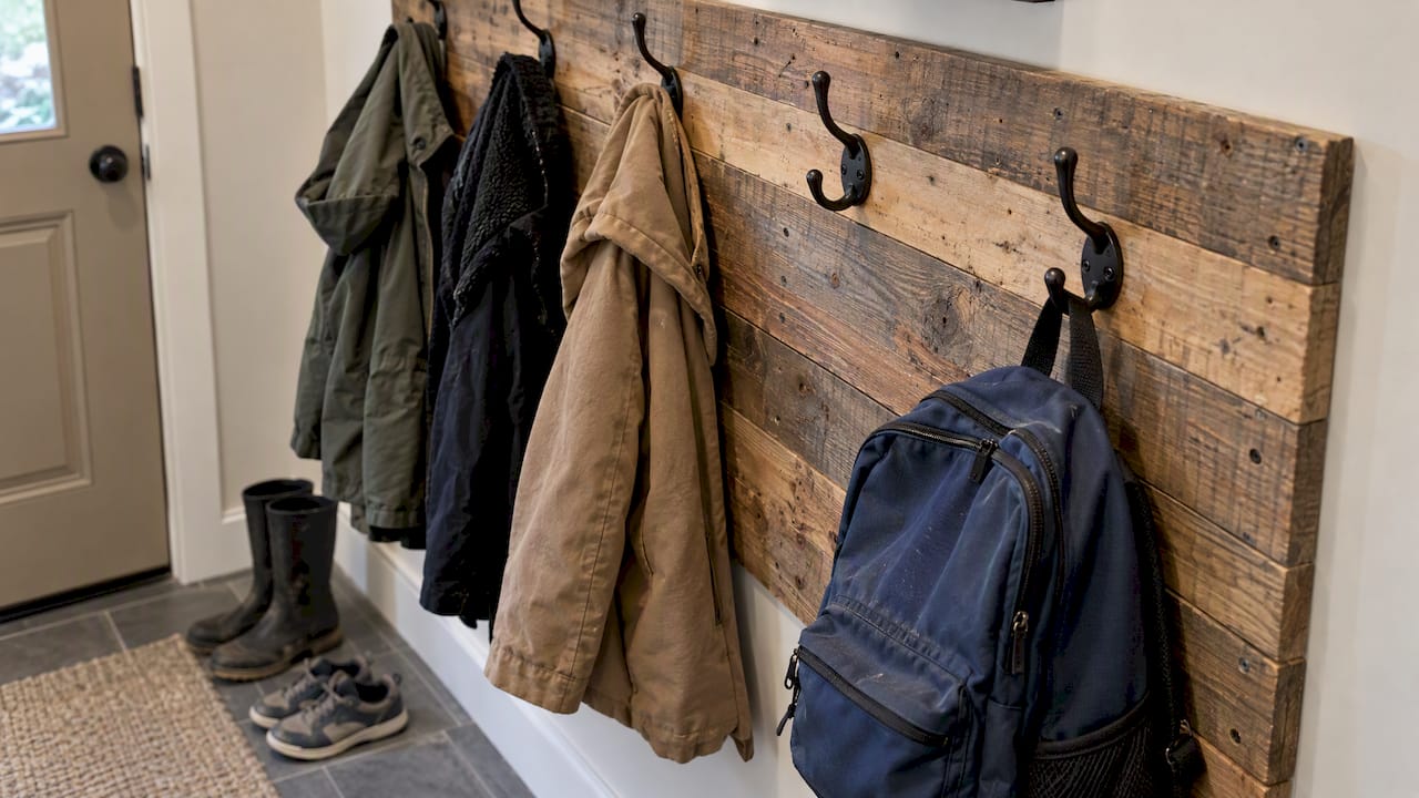Pallet wood panel protecting a mudroom wall